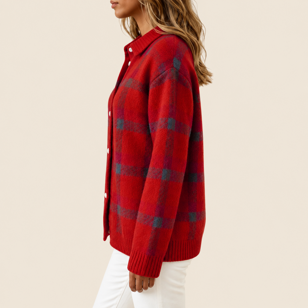 Harriet Crimson Plaid Knit Cardigan