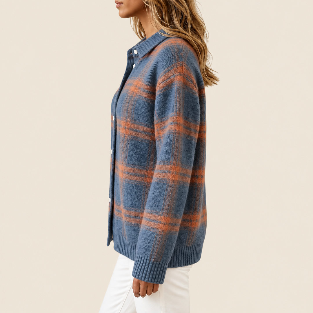 Hadley Blue & Rust Plaid Knit Cardigan