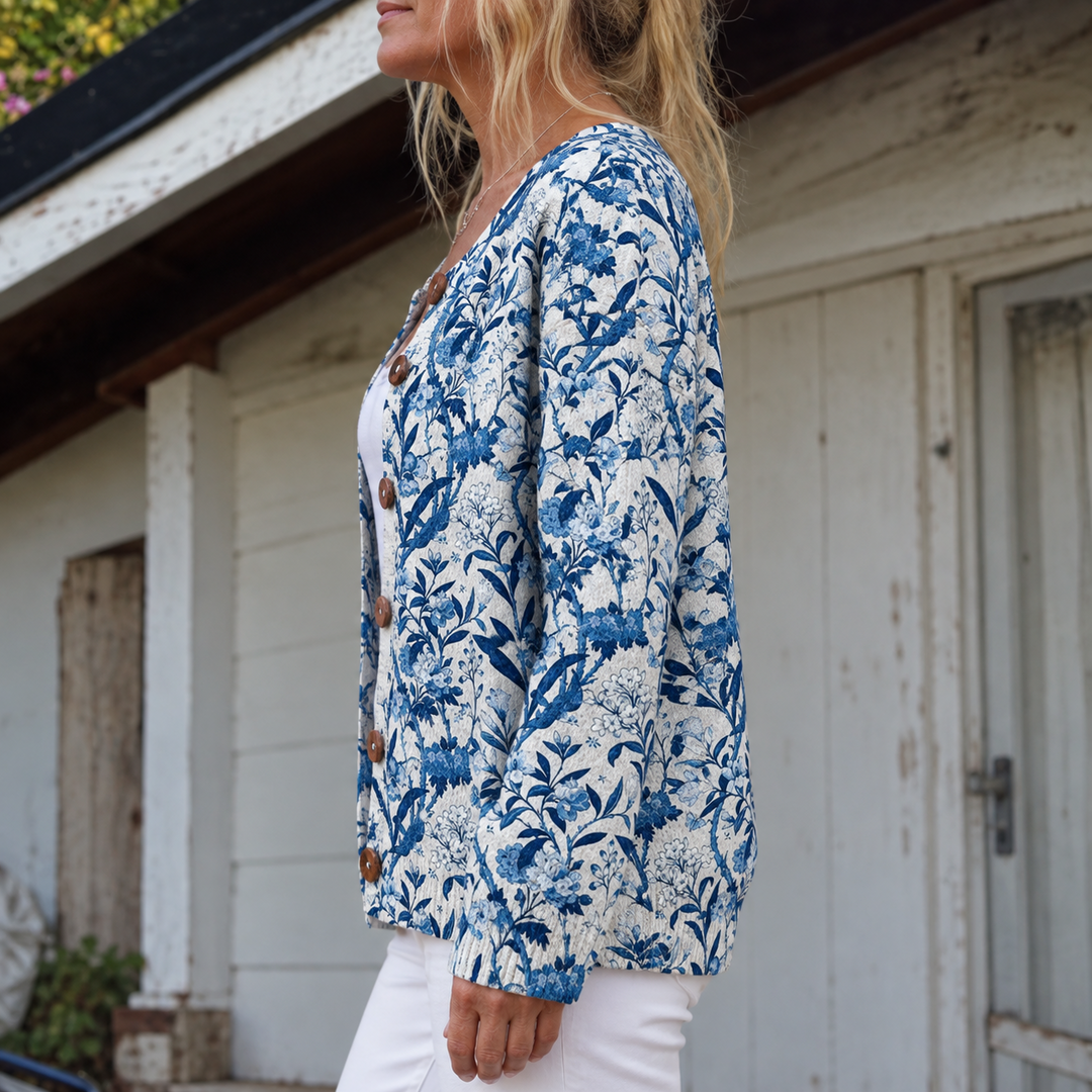 Tessa Blue Botanical Knit Cardigan