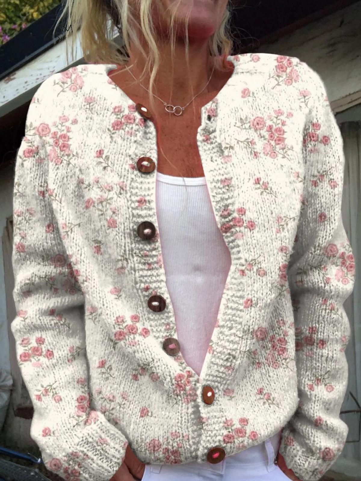 Evangeline Rose-Print Knit Cardigan