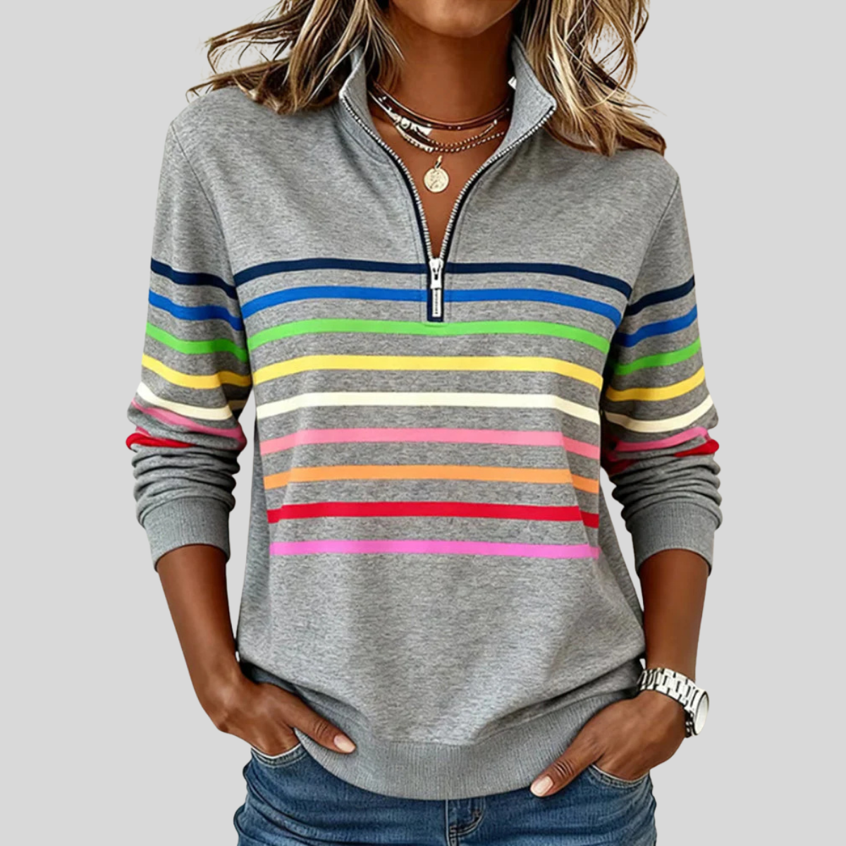 Corabelle Rainbow Stripe Quarter-Zip Sweatshirt