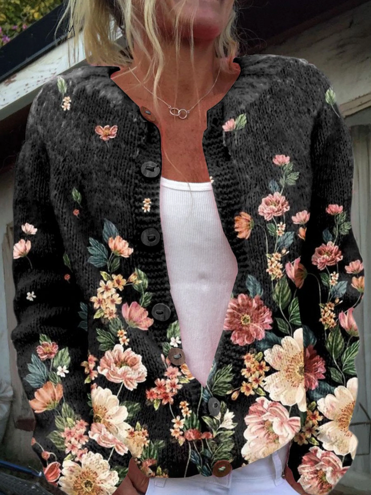Kiara Botanical-Print Knit Cardigan