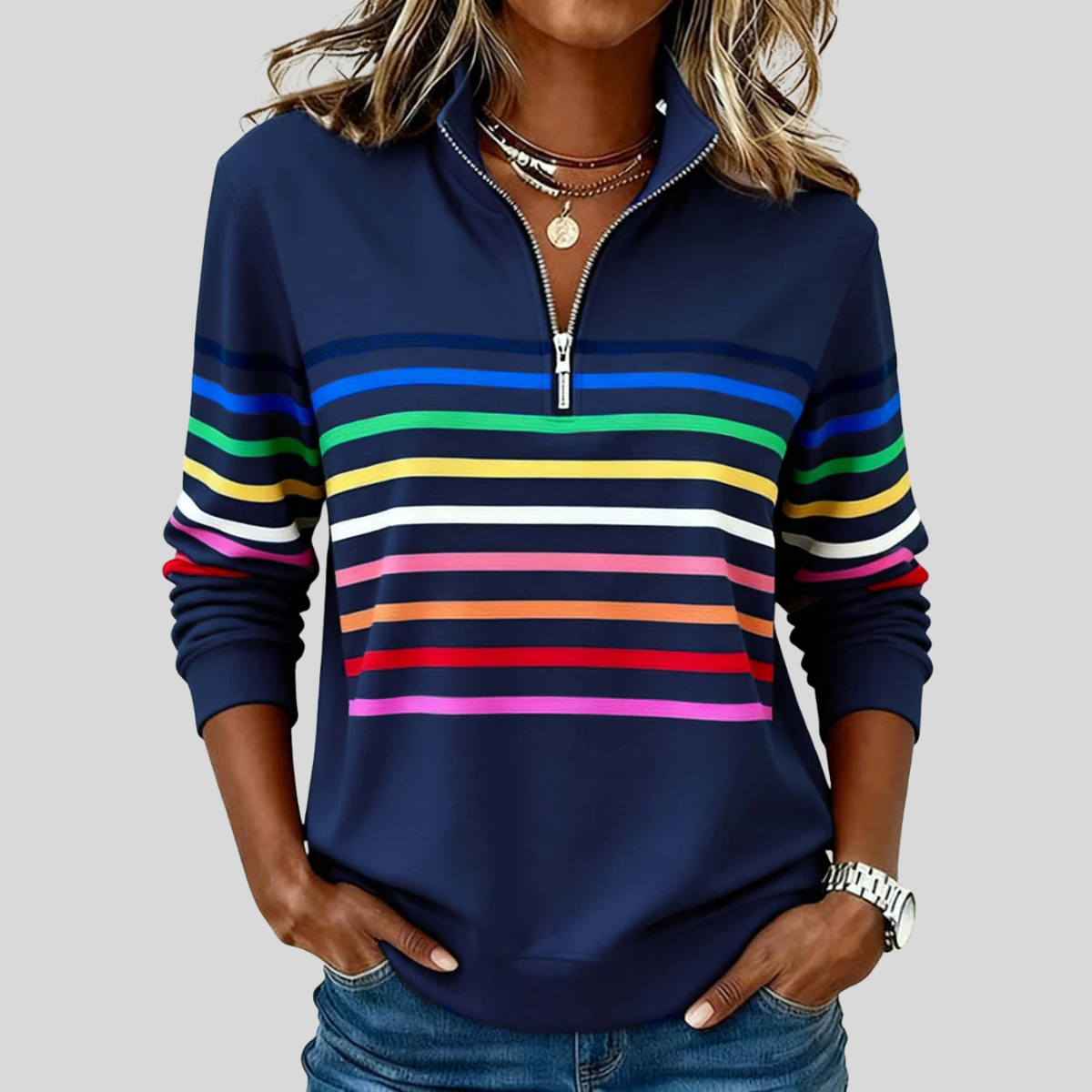 Corabelle Rainbow Stripe Quarter-Zip Sweatshirt