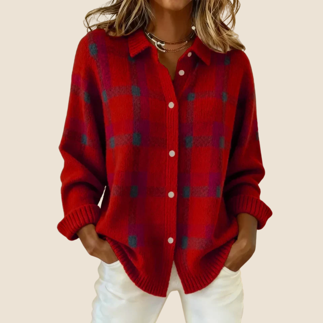 Harriet Crimson Plaid Knit Cardigan