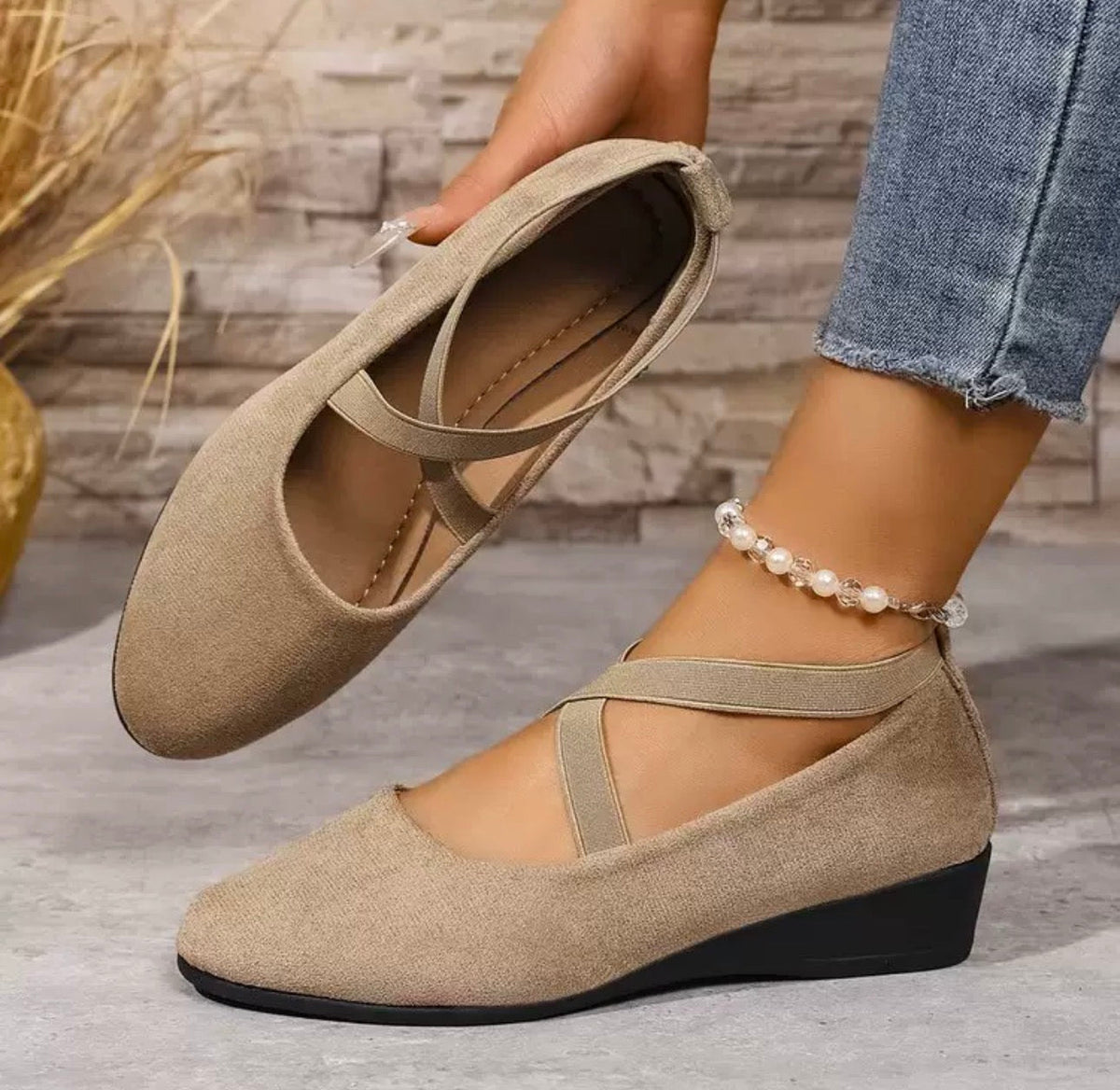 Carmen Elastic-Strap Wedge Flats