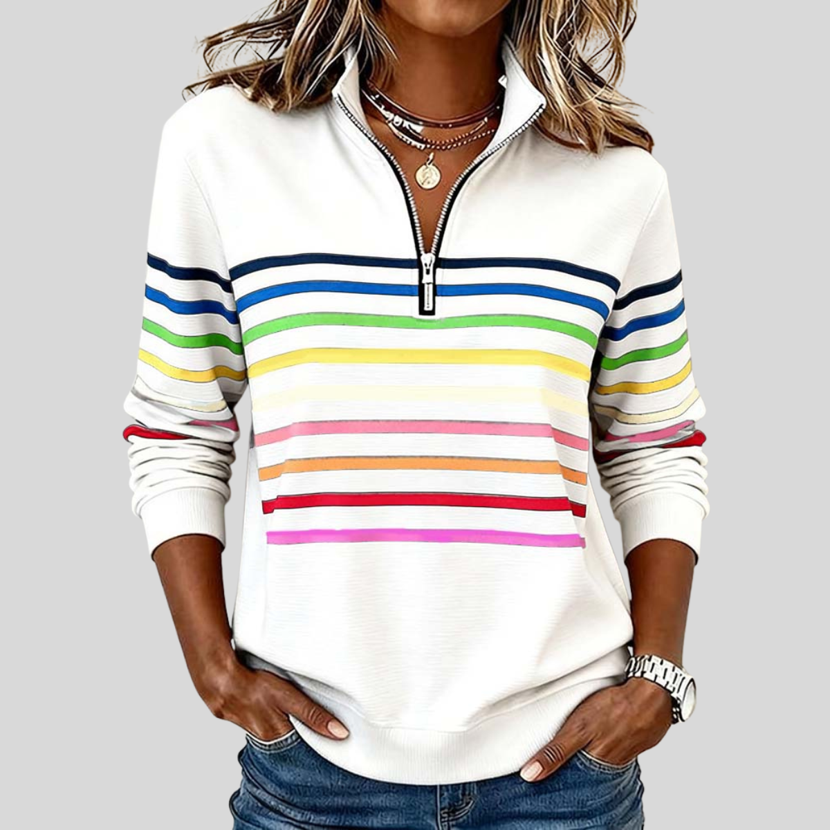 Corabelle Rainbow Stripe Quarter-Zip Sweatshirt