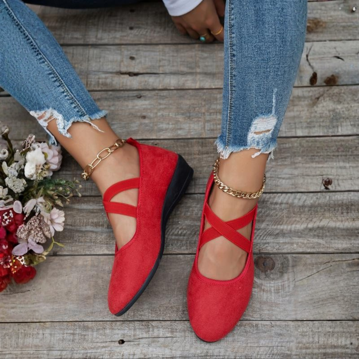Carmen Elastic-Strap Wedge Flats