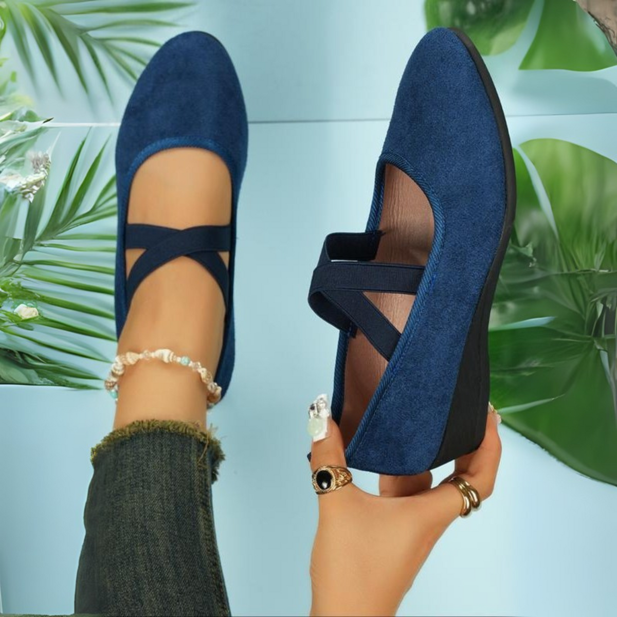 Carmen Elastic-Strap Wedge Flats