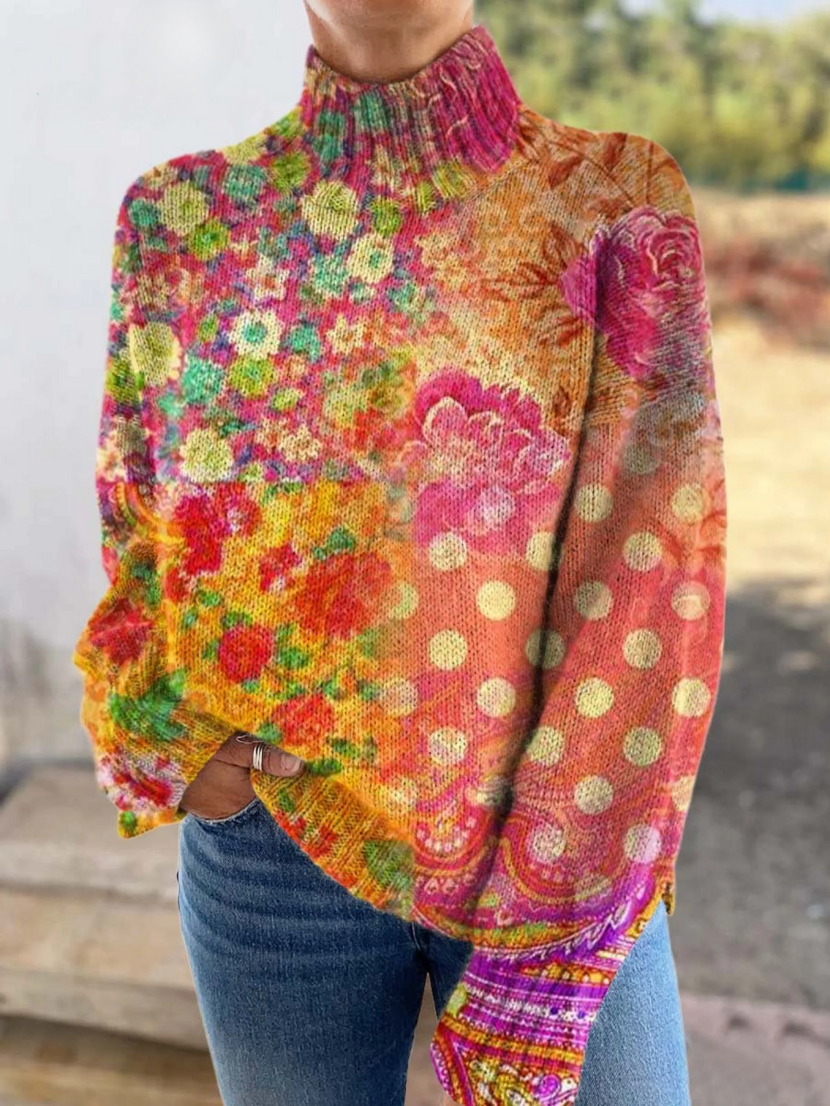 Abigail Floral Patchwork Turtleneck Sweater