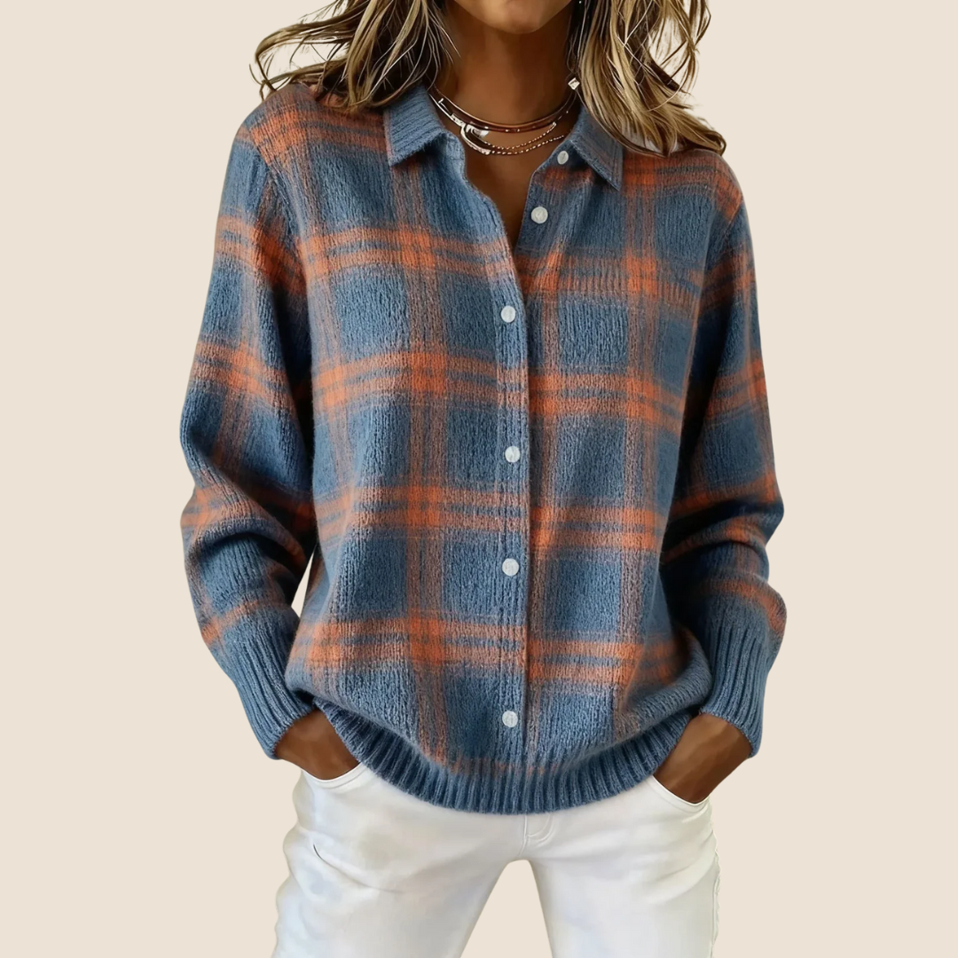 Hadley Blue & Rust Plaid Knit Cardigan