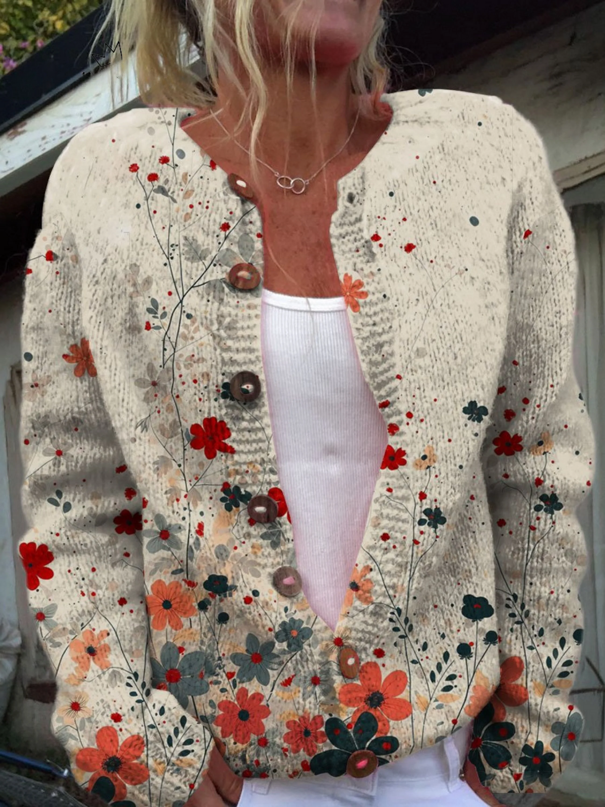 Sabine Cascading-Floral Knit Cardigan