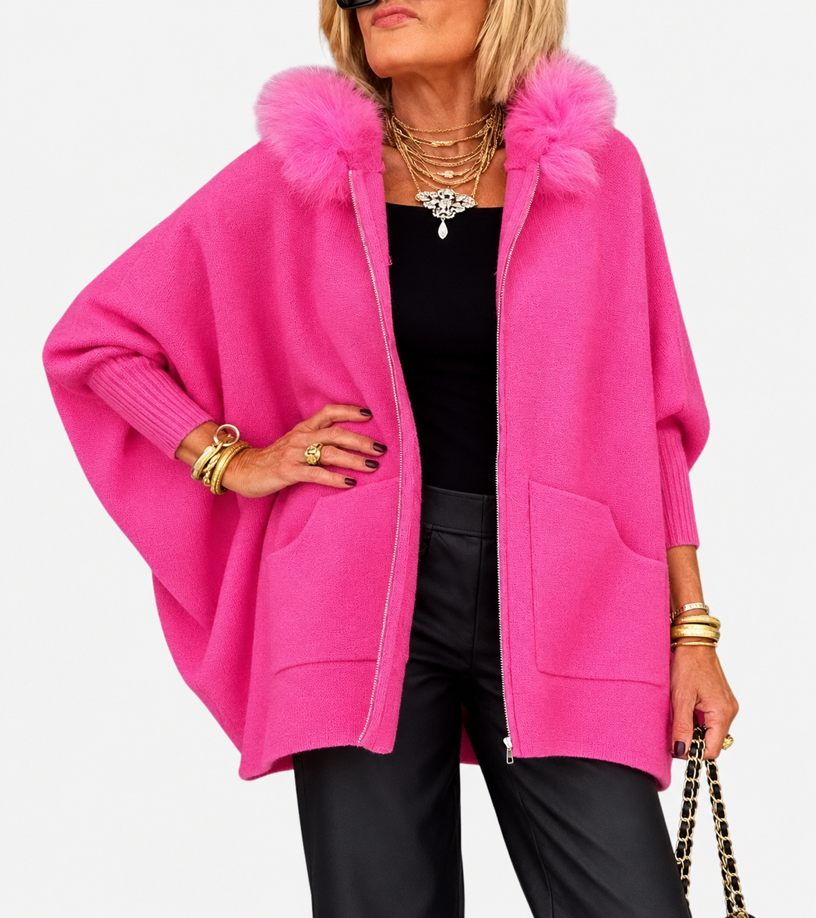 Annabelle Plush-Trim Hooded Cape Jacket