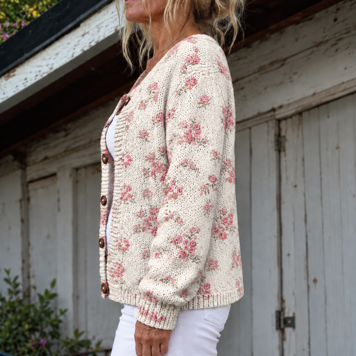 Evangeline Rose-Print Knit Cardigan