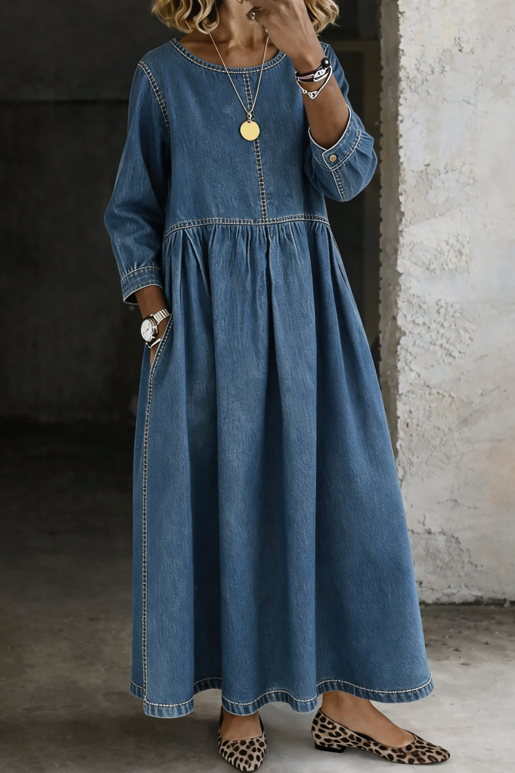 Zephyrelle Gathered Denim Maxi Dress