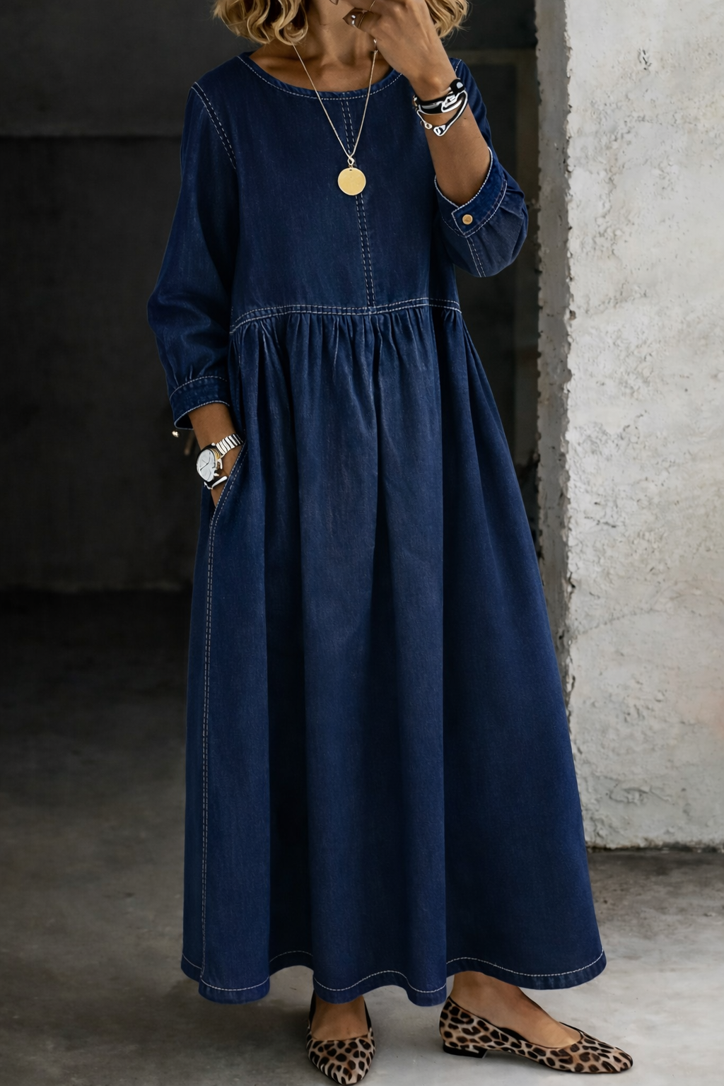 Zephyrelle Gathered Denim Maxi Dress