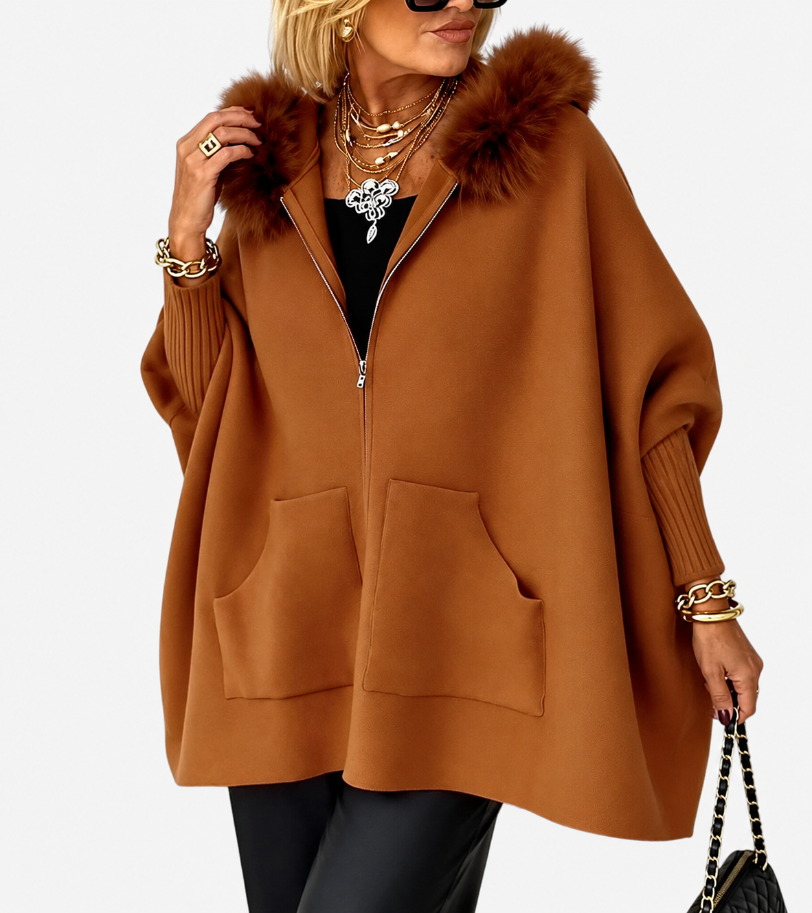 Annabelle Plush-Trim Hooded Cape Jacket