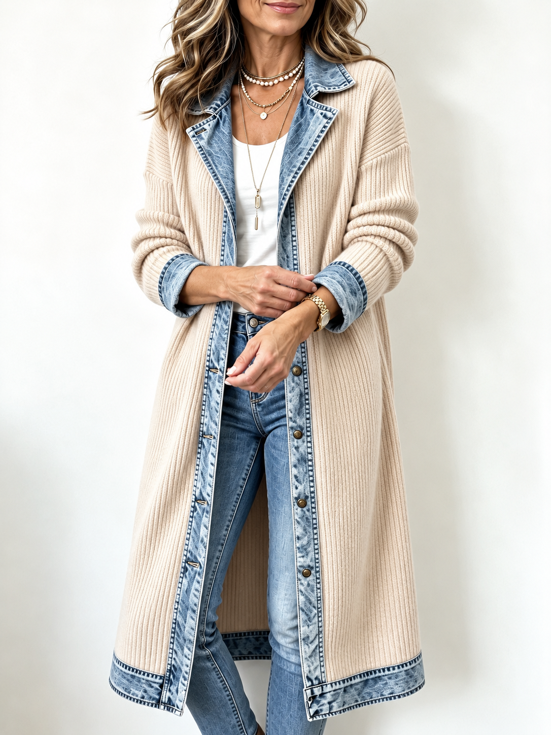 Riley Denim-Trim Longline Knit Cardigan