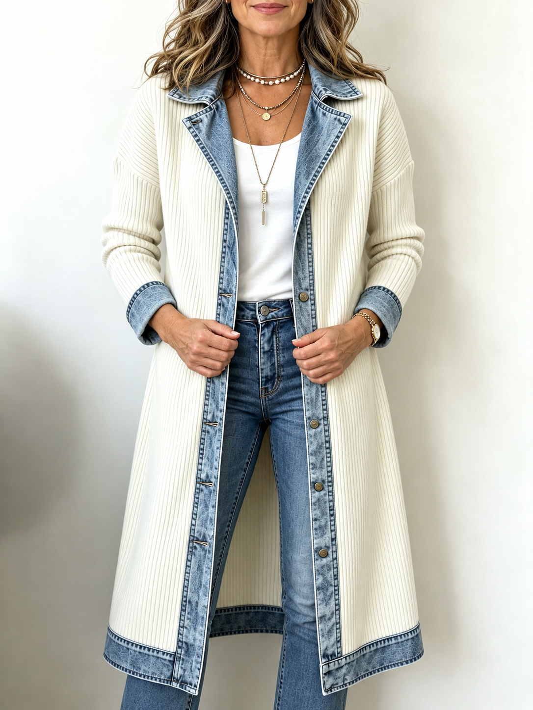 Riley Denim-Trim Longline Knit Cardigan