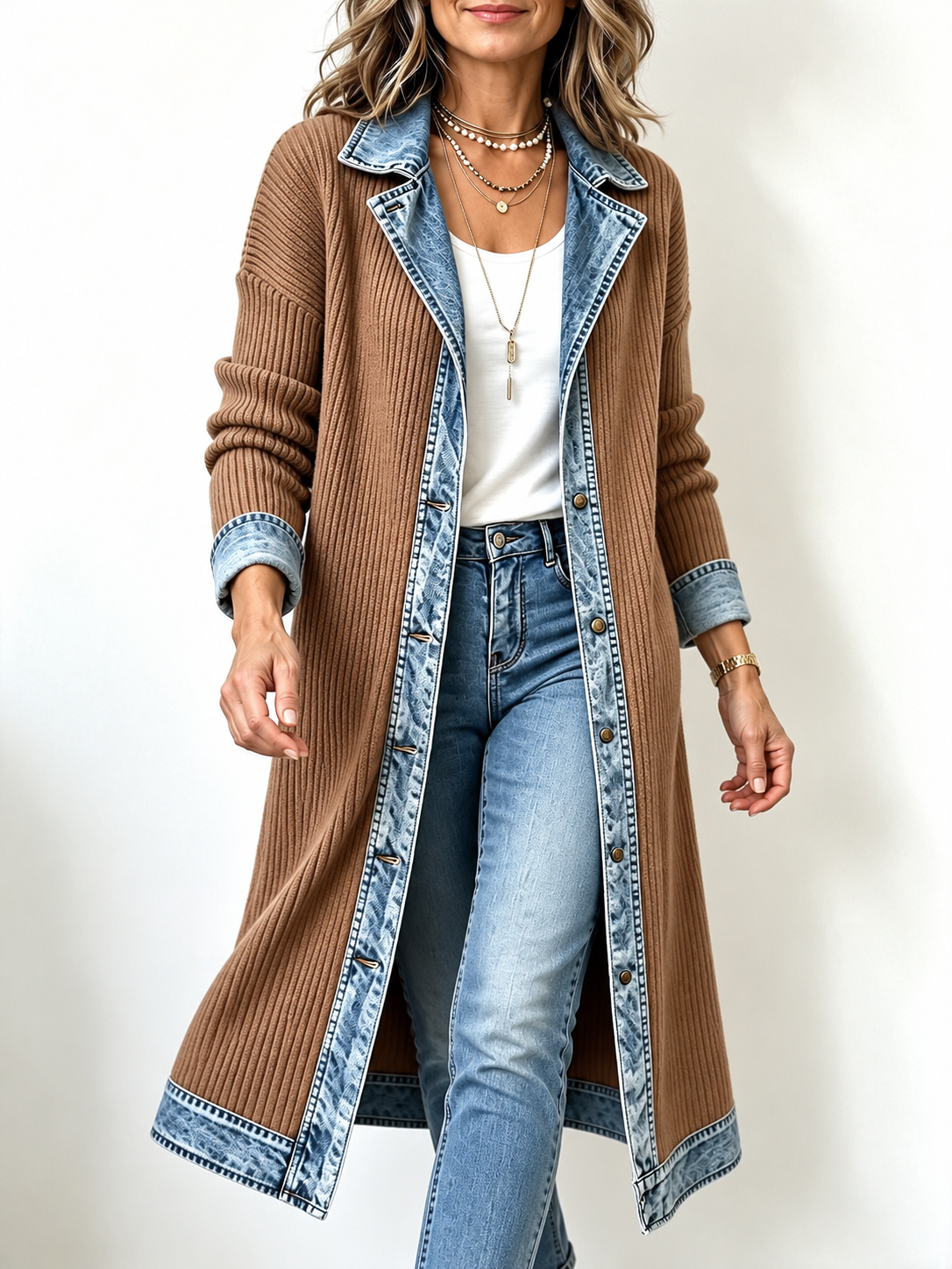 Riley Denim-Trim Longline Knit Cardigan