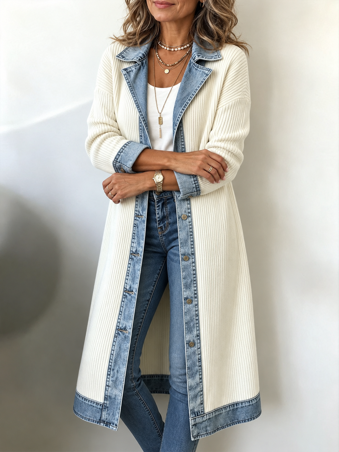 Riley Denim-Trim Longline Knit Cardigan