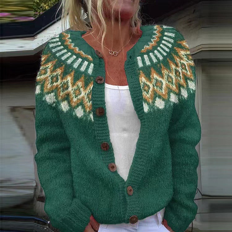 Natalie Geometric-Yoke Knit Cardigan