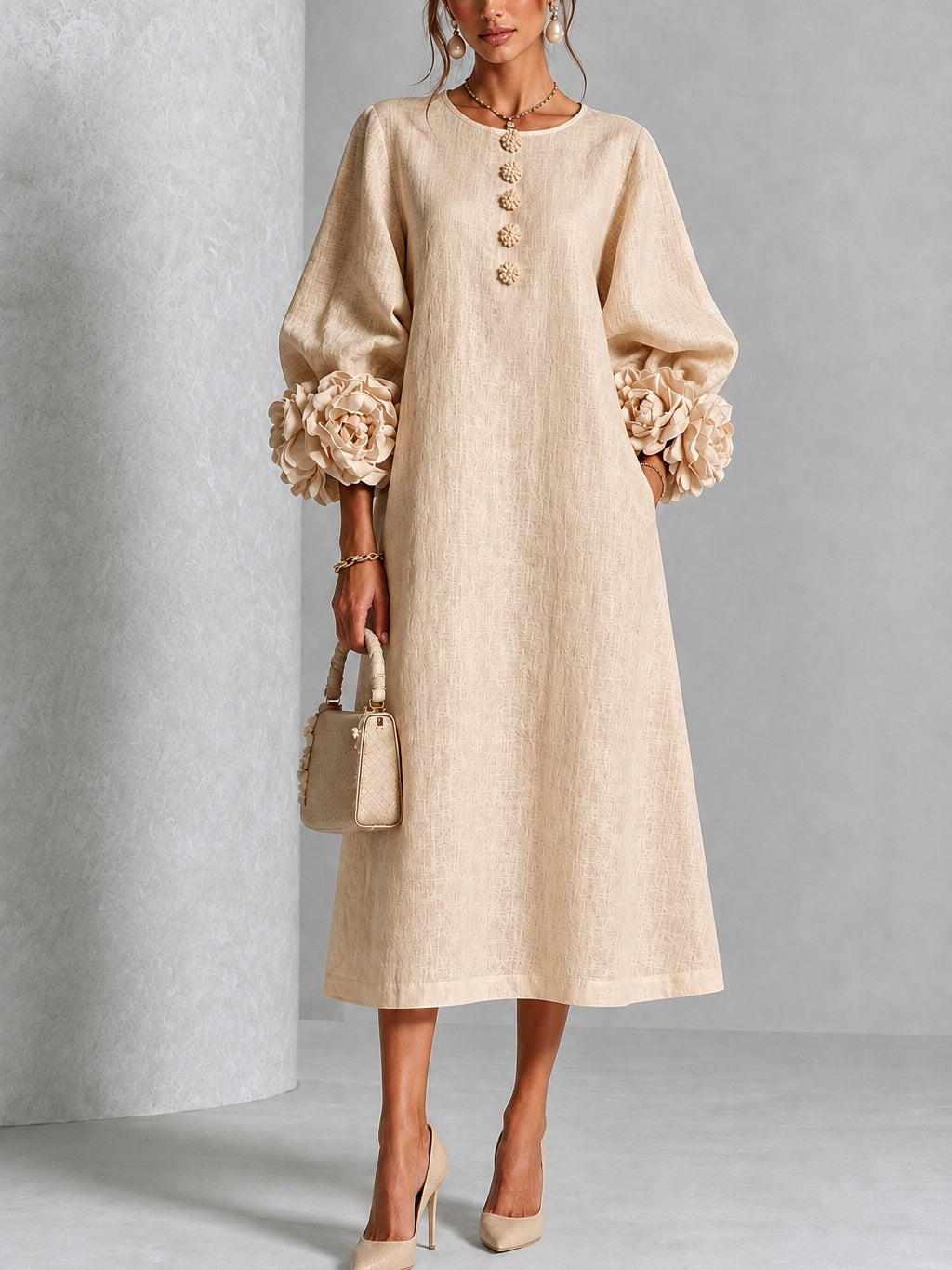 Rosanne Sculpted Rosette-Cuff Midi Dress
