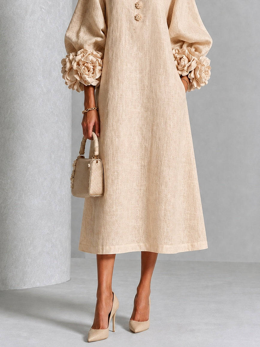 Rosanne Sculpted Rosette-Cuff Midi Dress