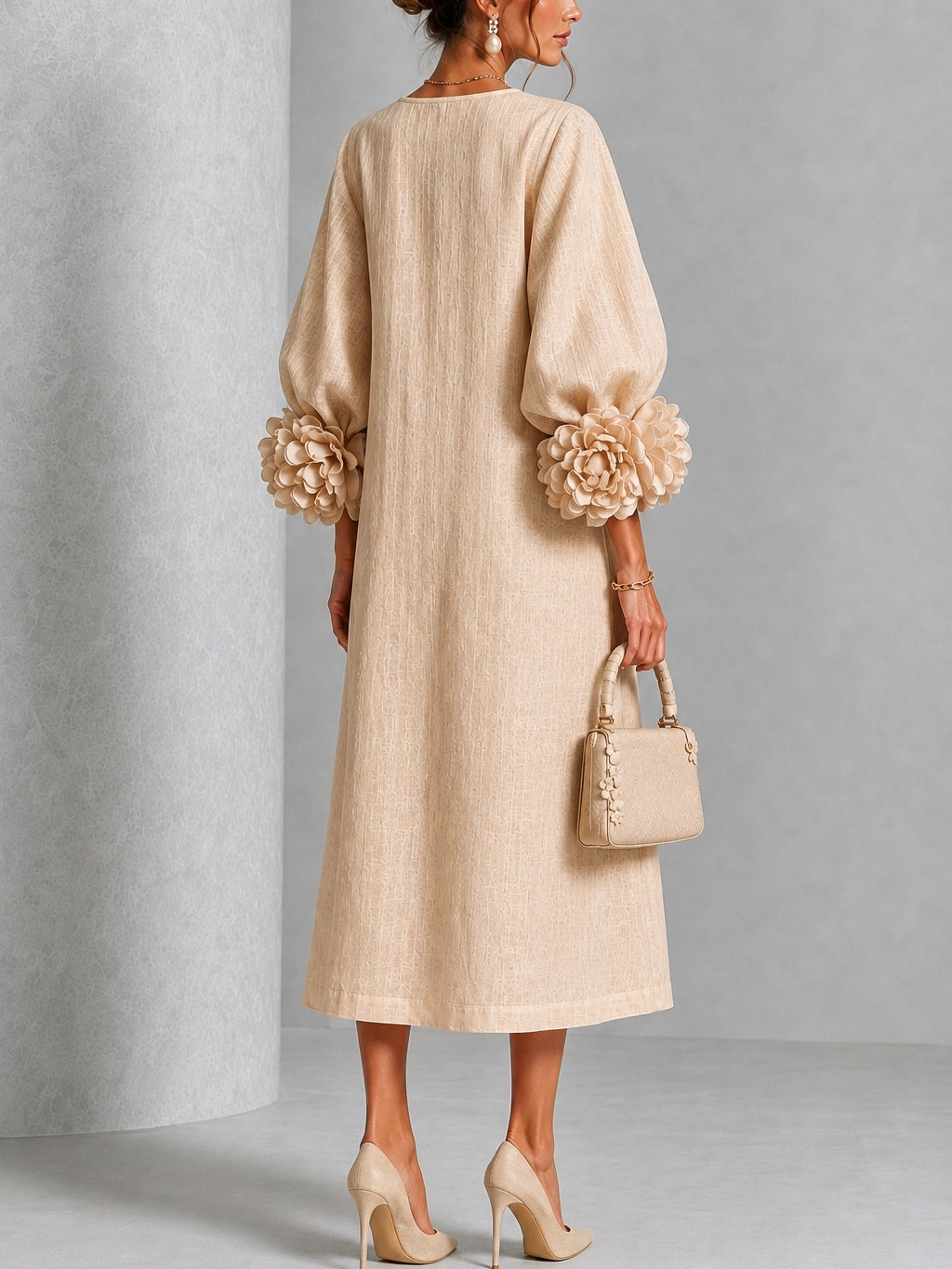 Rosanne Sculpted Rosette-Cuff Midi Dress