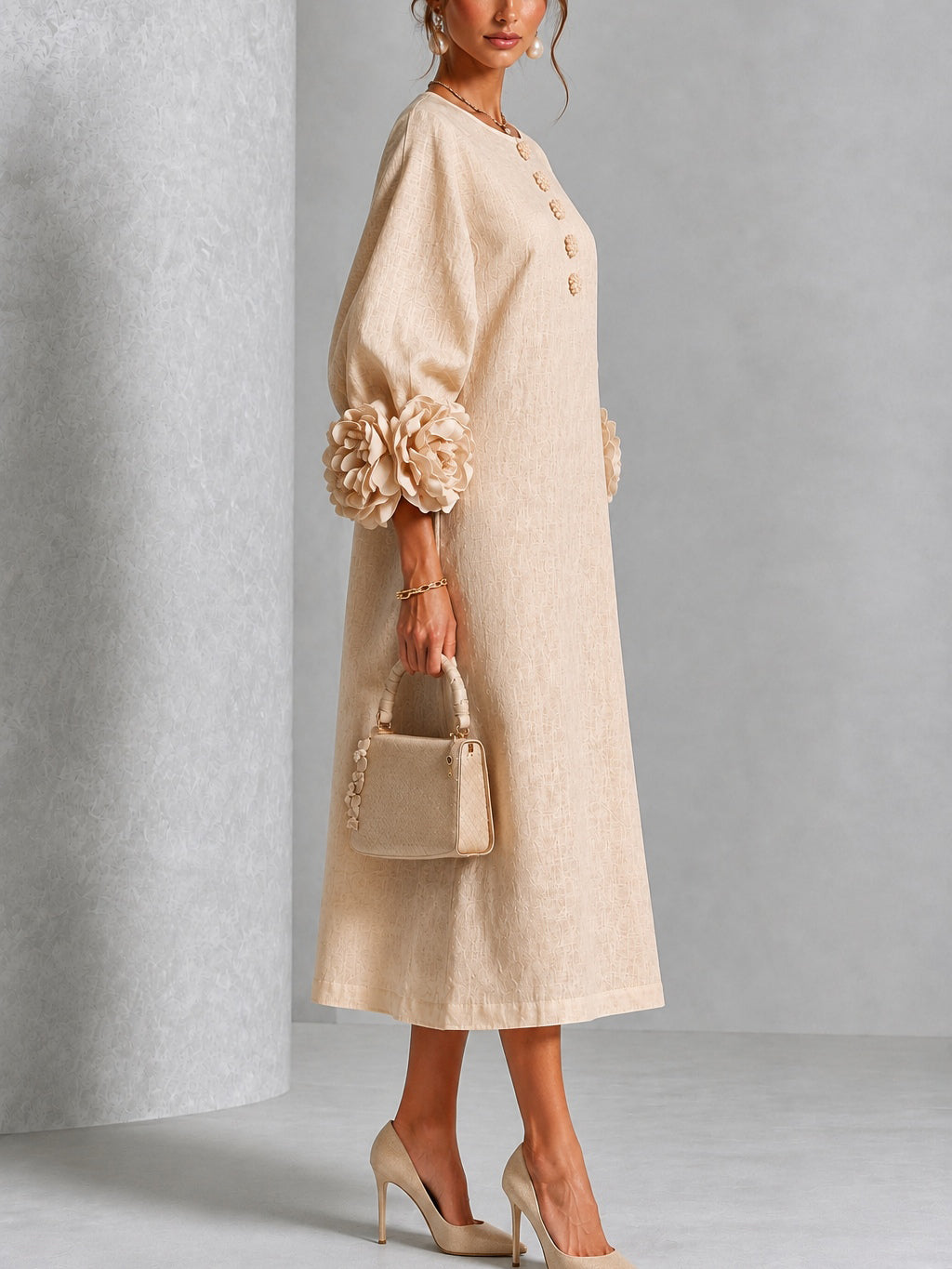 Rosanne Sculpted Rosette-Cuff Midi Dress