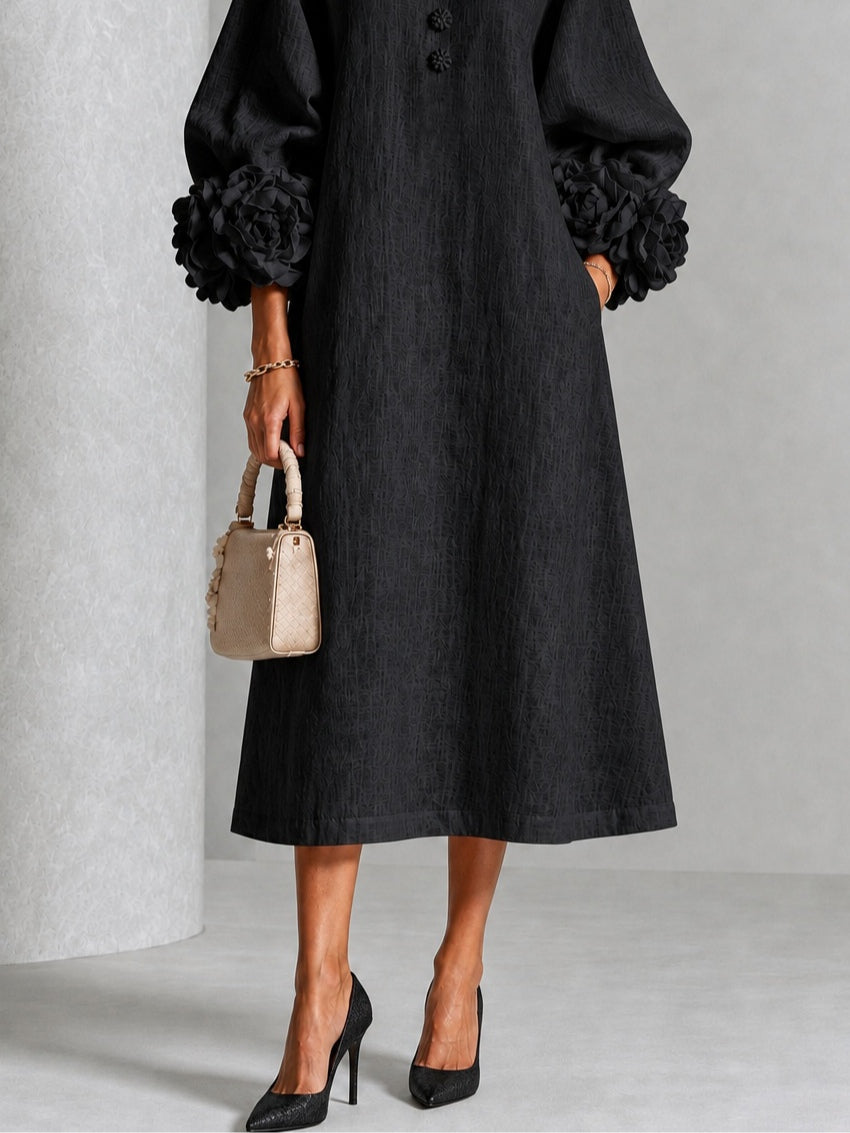 Adriana Sculpted Floral-Cuff Midi Dress