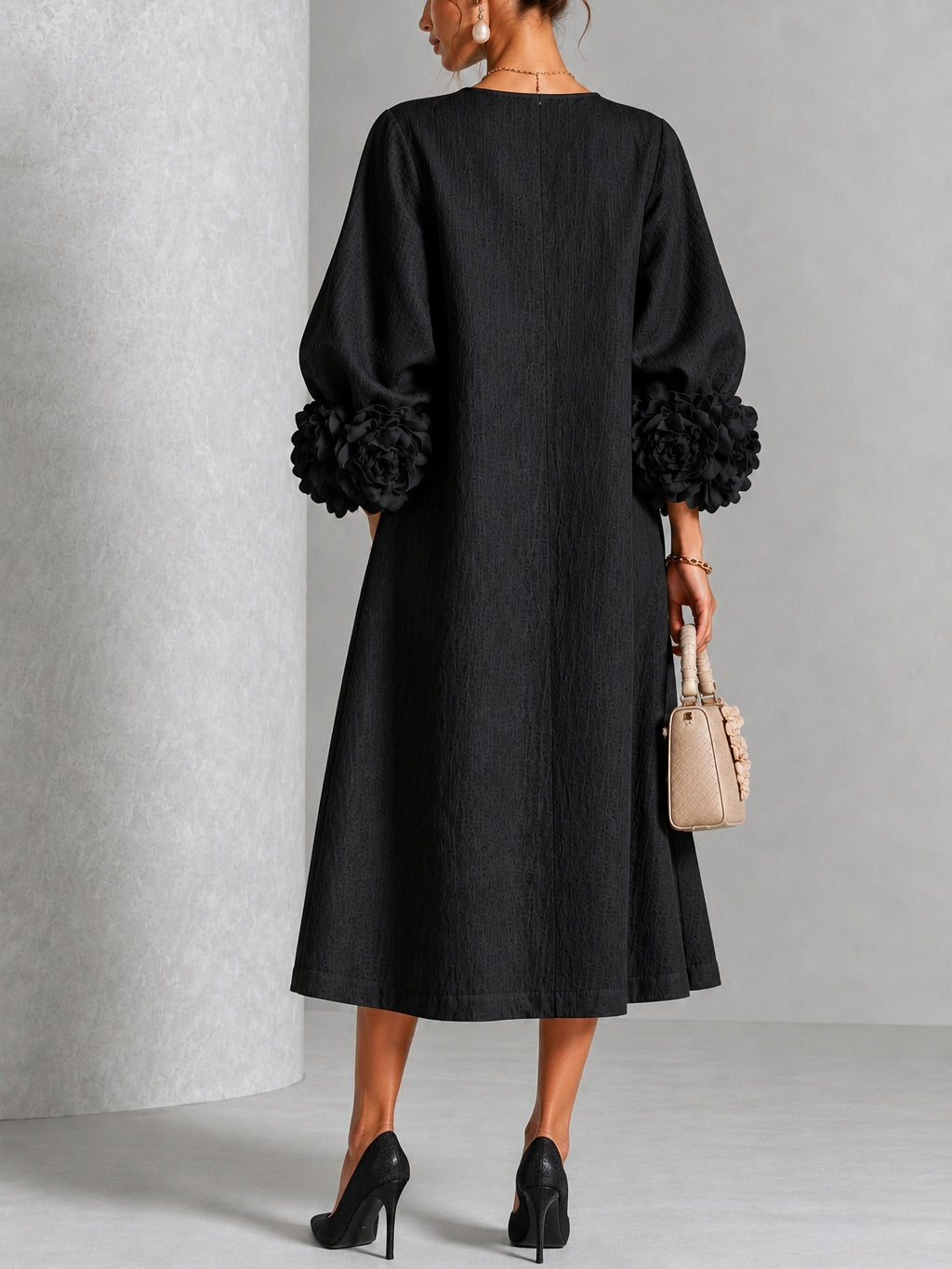 Adriana Sculpted Floral-Cuff Midi Dress