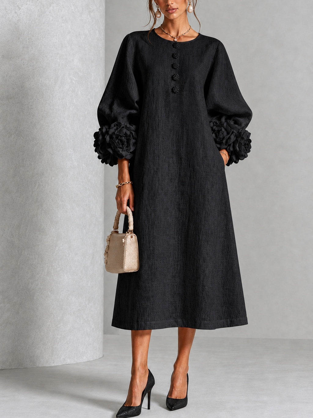 Adriana Sculpted Floral-Cuff Midi Dress