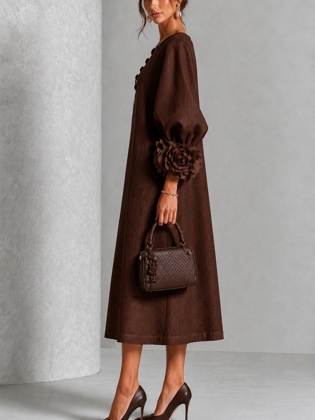 Beverly Sculpted Rosette-Cuff Midi Dress