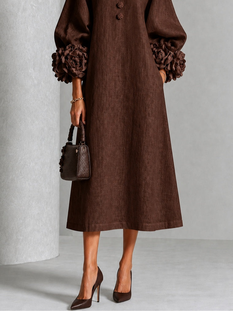 Beverly Sculpted Rosette-Cuff Midi Dress