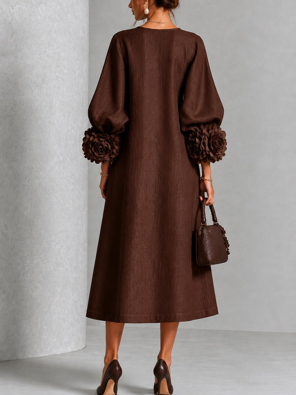 Beverly Sculpted Rosette-Cuff Midi Dress