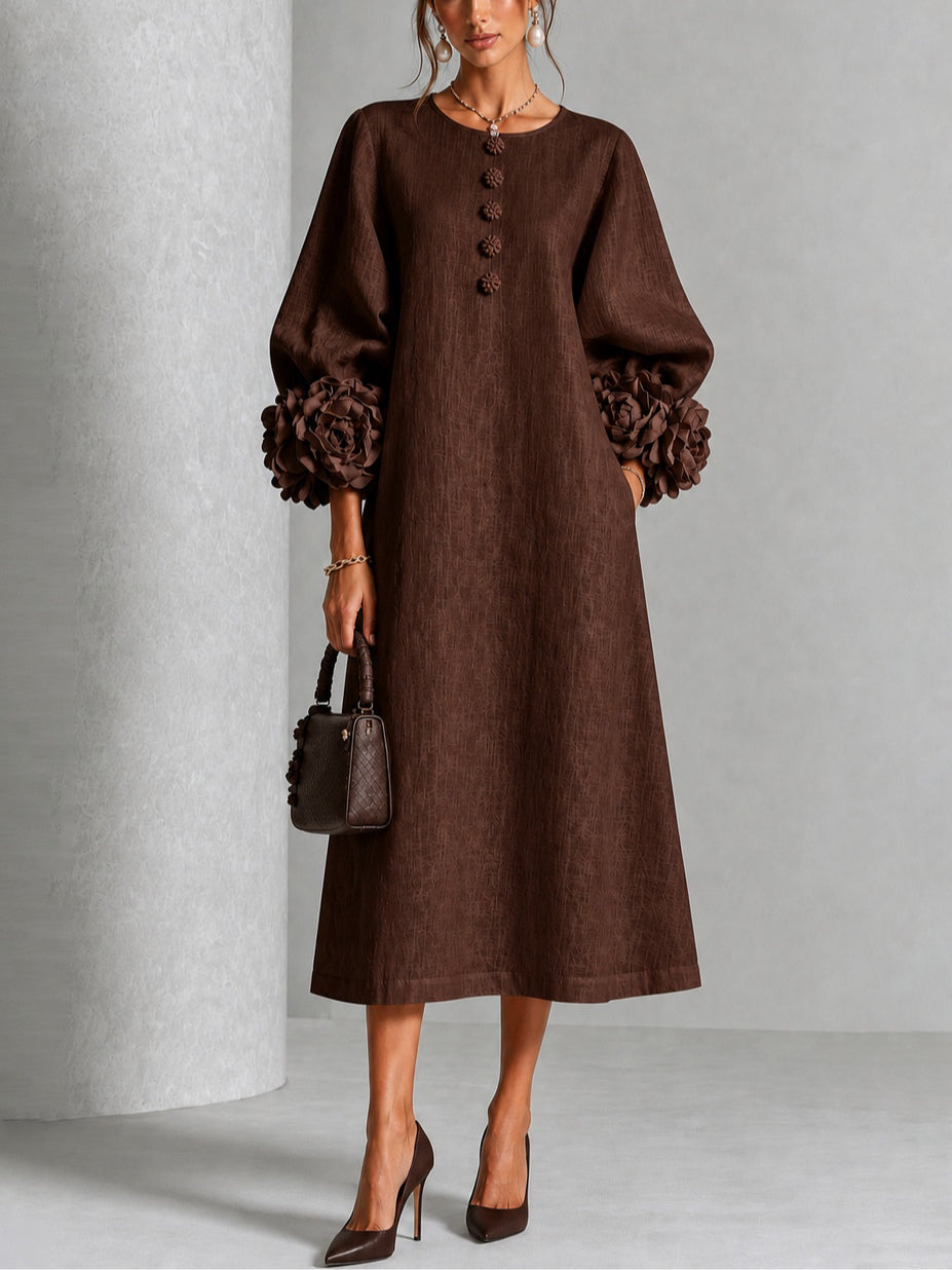 Beverly Sculpted Rosette-Cuff Midi Dress