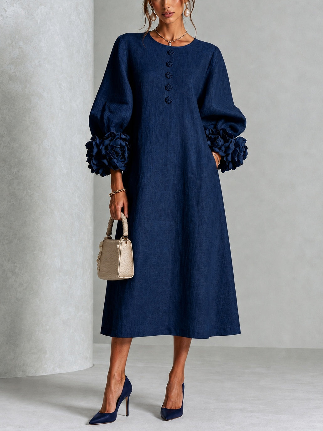 Danica Sculpted Floral-Cuff Midi Dress