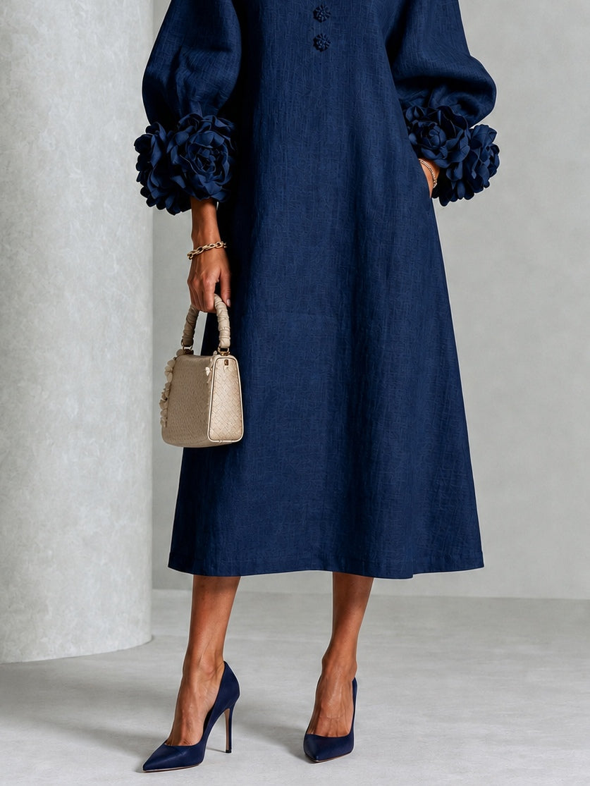 Danica Sculpted Floral-Cuff Midi Dress