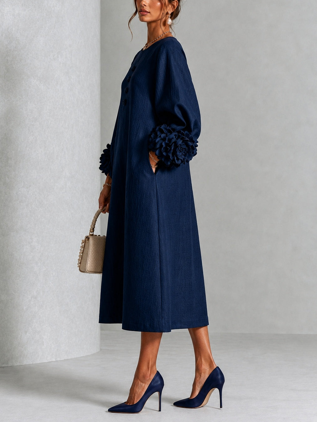 Danica Sculpted Floral-Cuff Midi Dress