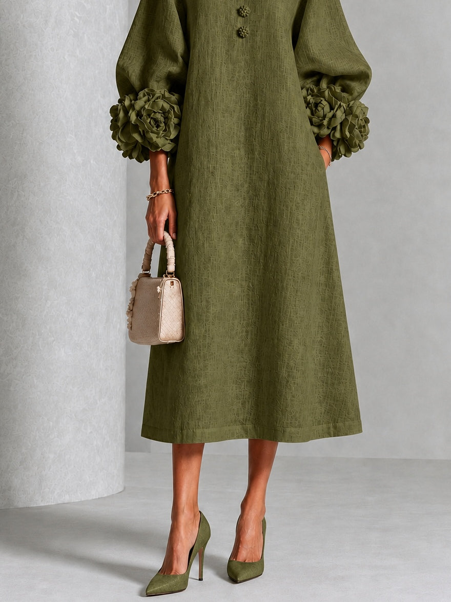 Wilhelmina Sculpted Floral-Cuff Midi Dress