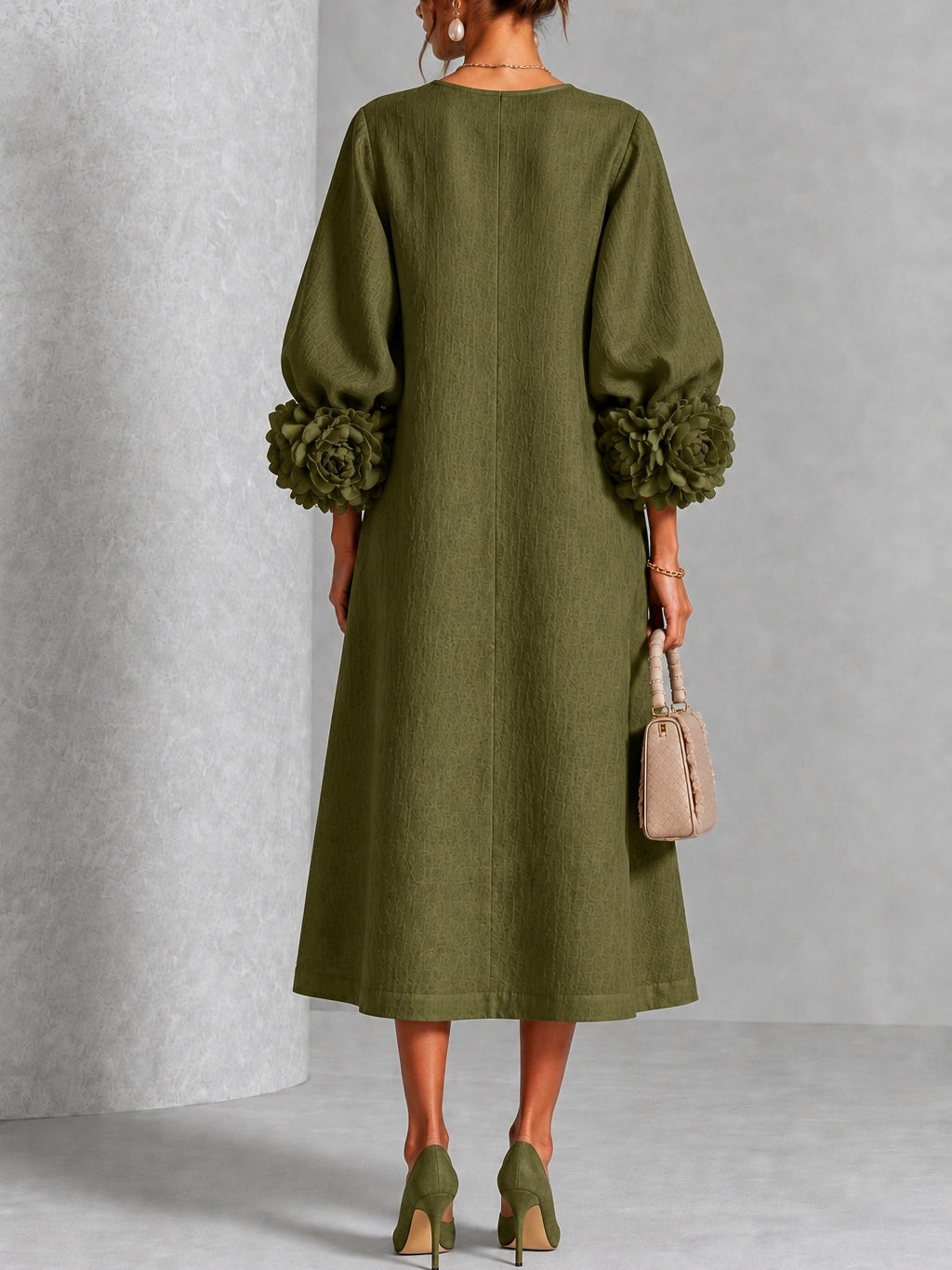 Wilhelmina Sculpted Floral-Cuff Midi Dress
