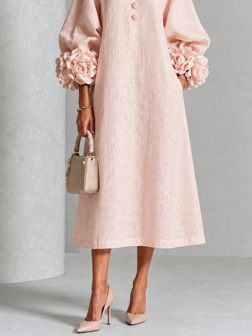 Rosetta Sculpted Floral-Cuff Midi Dress