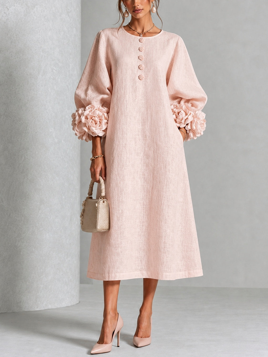 Rosetta Sculpted Floral-Cuff Midi Dress