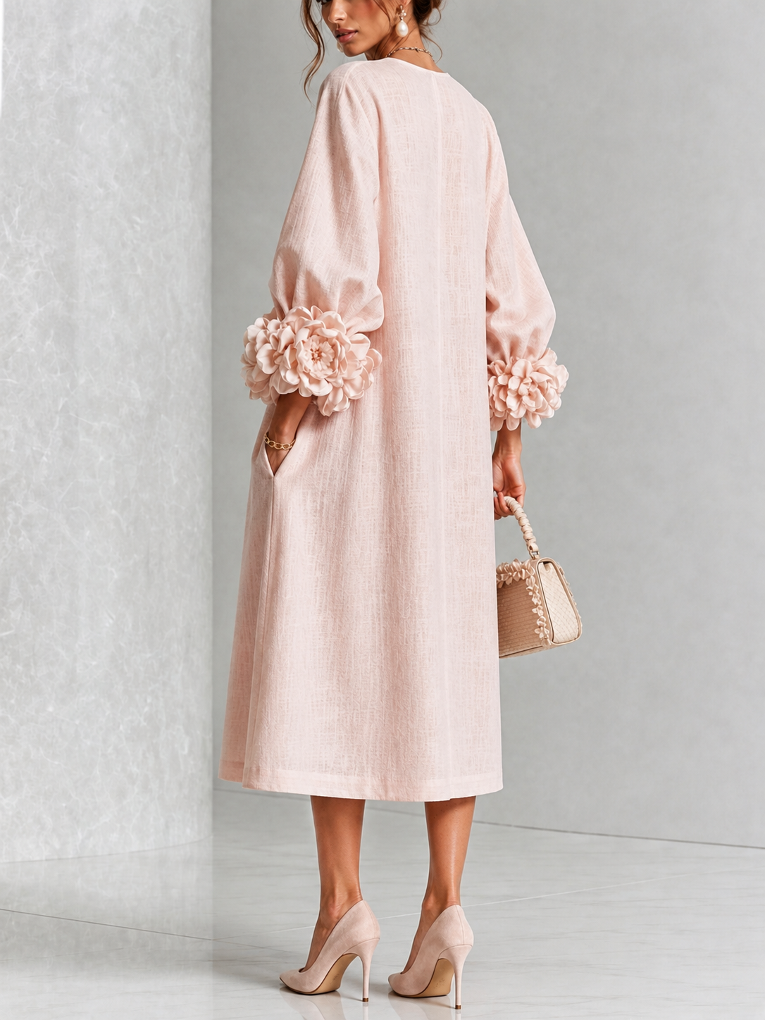Rosetta Sculpted Floral-Cuff Midi Dress