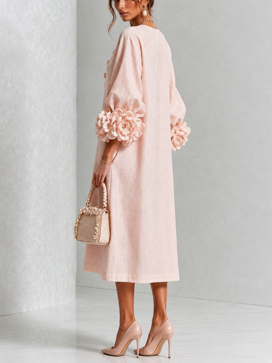 Rosetta Sculpted Floral-Cuff Midi Dress