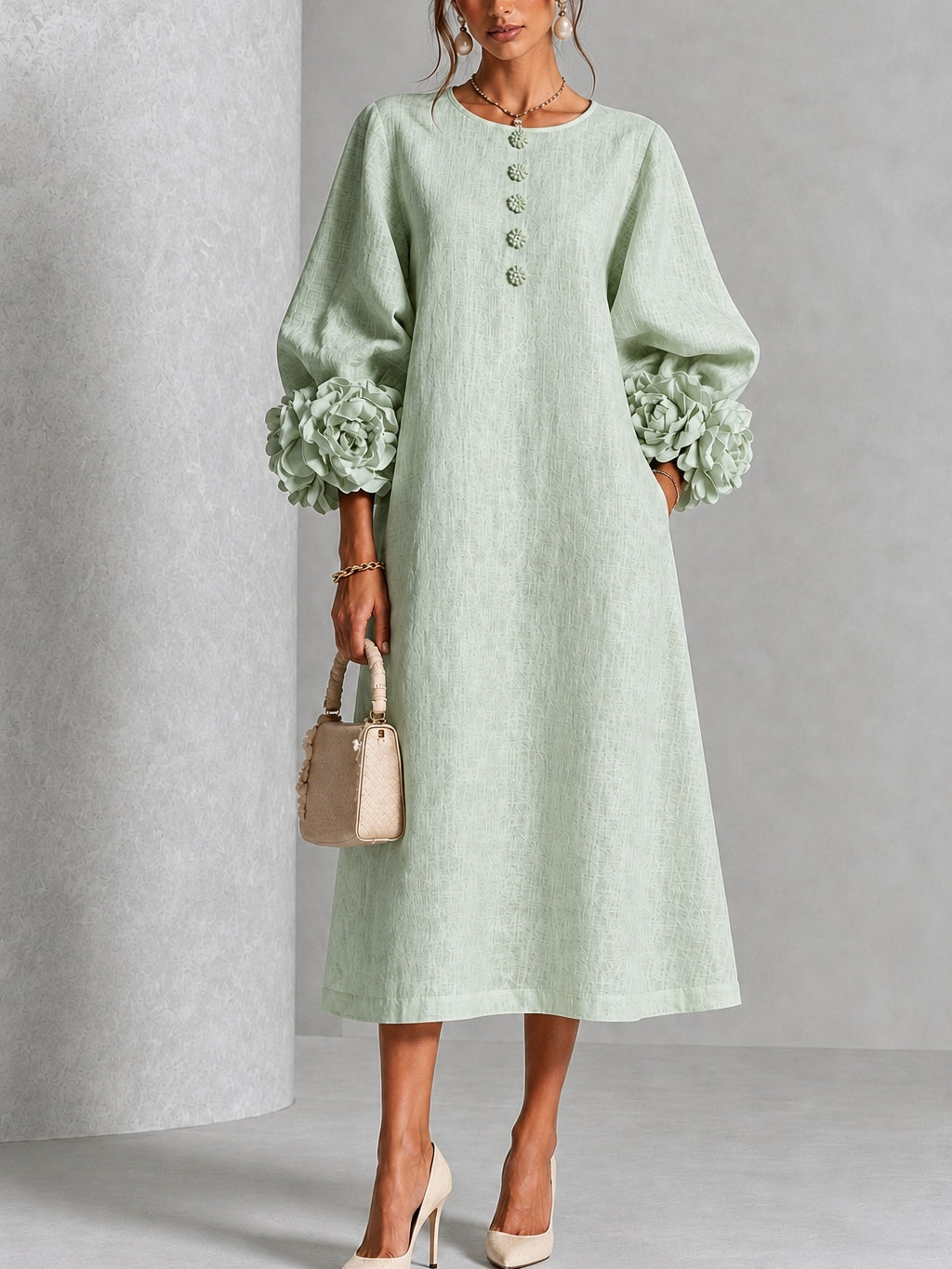Sienna Sculpted Floral-Cuff Midi Dress