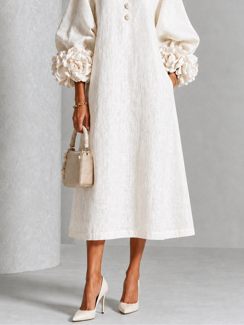 Henrietta Sculpted Floral-Cuff Midi Dress