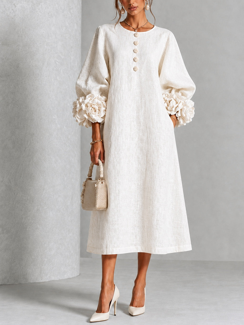 Henrietta Sculpted Floral-Cuff Midi Dress