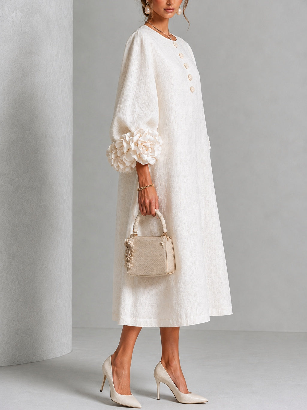 Henrietta Sculpted Floral-Cuff Midi Dress