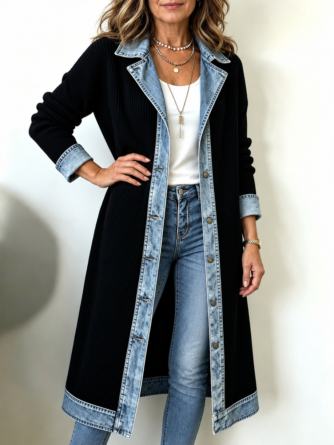 Riley Denim-Trim Longline Knit Cardigan
